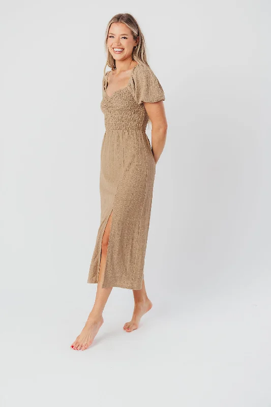 Maria Sweetheart Neckline Midi Dress in Taupe - Bump Friendly & Inclusive Sizing (S-3XL)