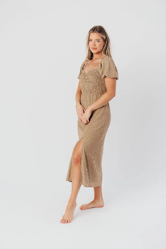 Maria Sweetheart Neckline Midi Dress in Taupe - Bump Friendly & Inclusive Sizing (S-3XL)