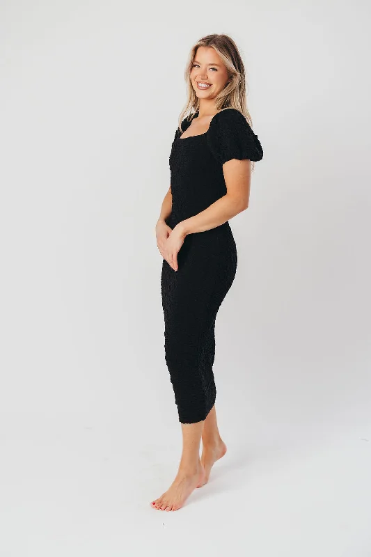 Blakeley Textured Midi Dress in Black - Bump Friendly & Inclusive Sizing (S-3XL)