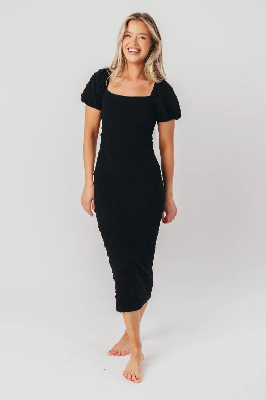 Blakeley Textured Midi Dress in Black - Bump Friendly & Inclusive Sizing (S-3XL)