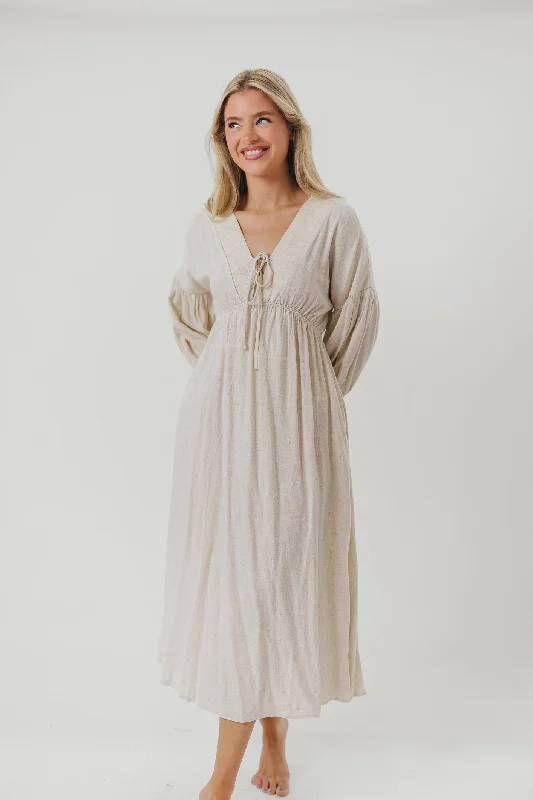 Hunter Linen-Blend Midi Dress in Greige - Bump Friendly and Inclusive Sizing