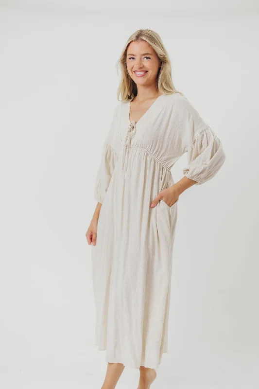 Hunter Linen-Blend Midi Dress in Greige - Bump Friendly and Inclusive Sizing