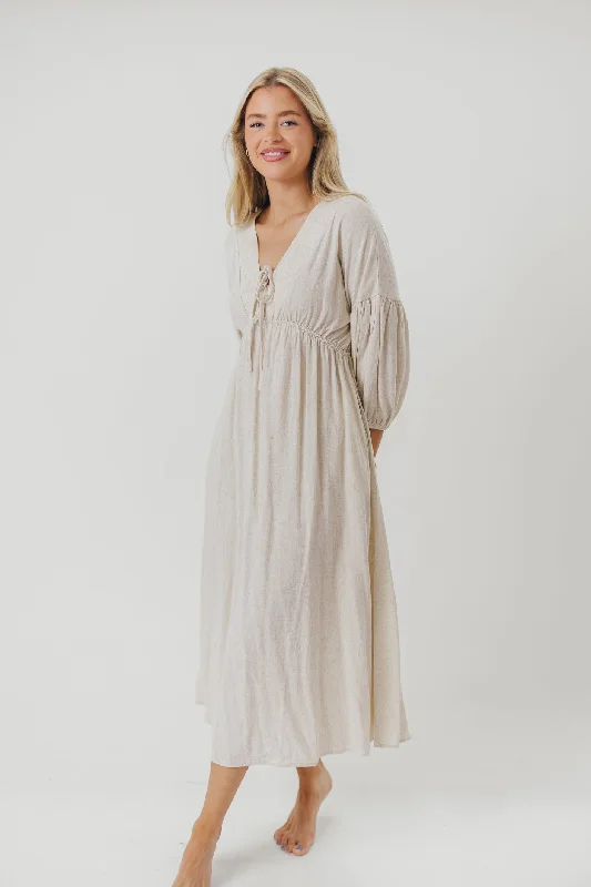 Hunter Linen-Blend Midi Dress in Greige - Bump Friendly and Inclusive Sizing