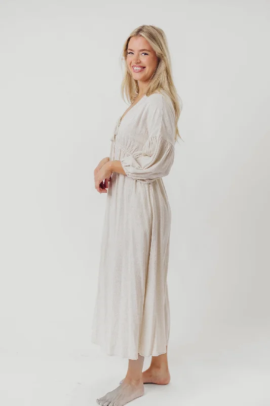 Hunter Linen-Blend Midi Dress in Greige - Bump Friendly and Inclusive Sizing