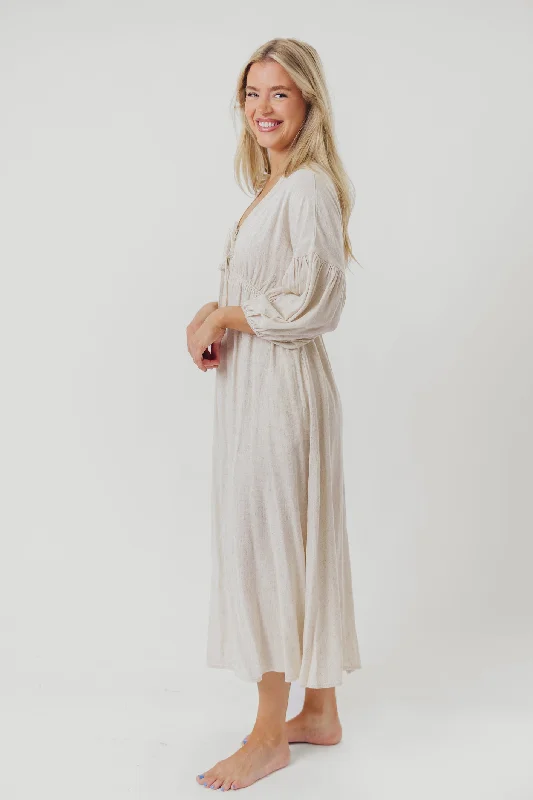 Hunter Linen-Blend Midi Dress in Greige - Bump Friendly and Inclusive Sizing