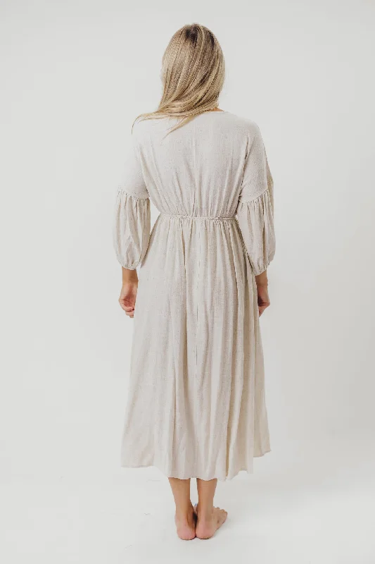 Hunter Linen-Blend Midi Dress in Greige - Bump Friendly and Inclusive Sizing