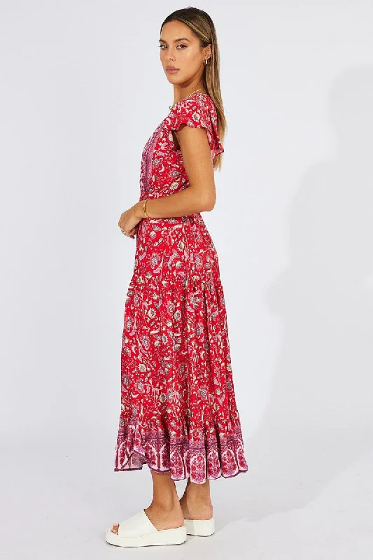 Red Boho Maxi Dress Short Sleeve