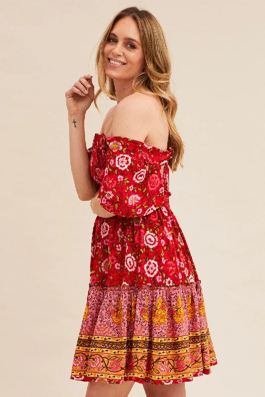 Red Boho Short Sleeve Boho Skater Dress