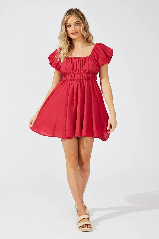 Red Fit and Flare Dress Short Sleeve Ruched