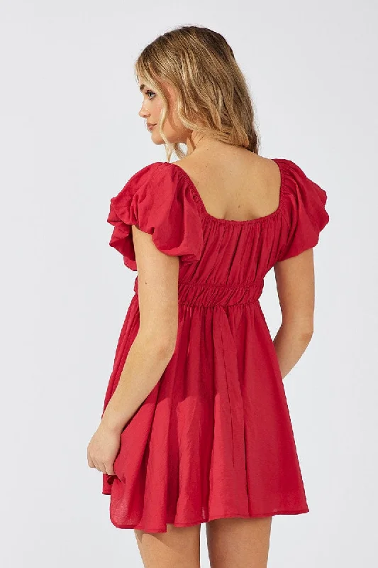 Red Fit and Flare Dress Short Sleeve Ruched