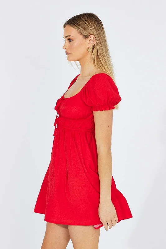 Red Fit and Flare Dress Short Sleeve Ruched