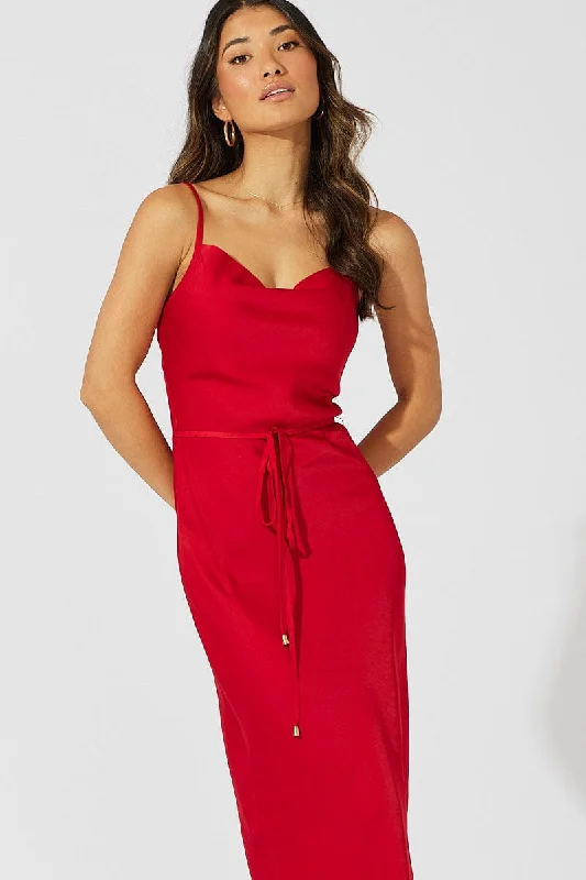 Red Maxi Dress Cowl Neck Satin