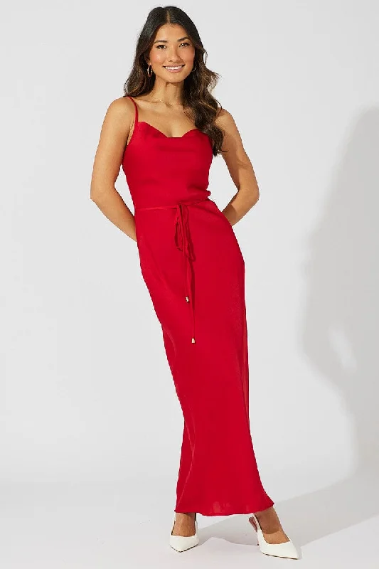 Red Maxi Dress Cowl Neck Satin