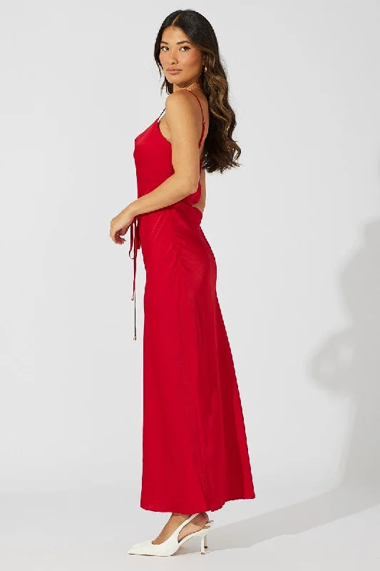 Red Maxi Dress Cowl Neck Satin