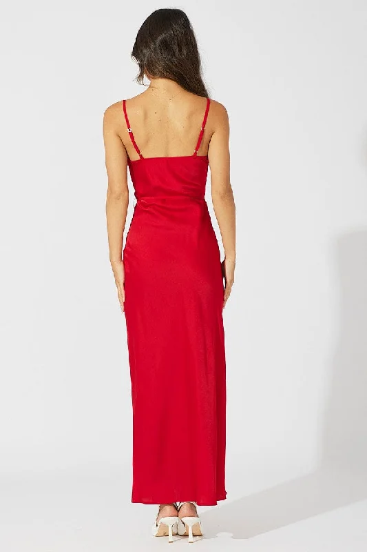 Red Maxi Dress Cowl Neck Satin