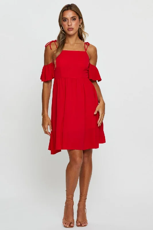 Red Mini Dress Off Shoulder Round Neck