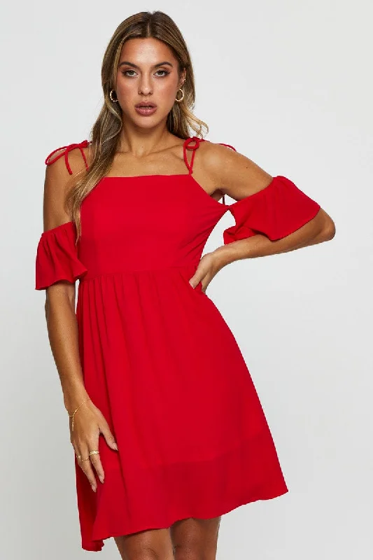 Red Mini Dress Off Shoulder Round Neck