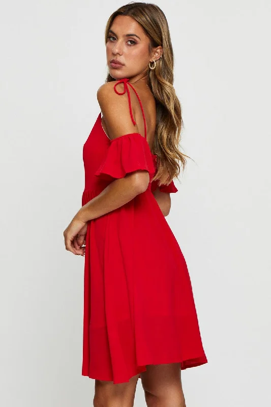 Red Mini Dress Off Shoulder Round Neck