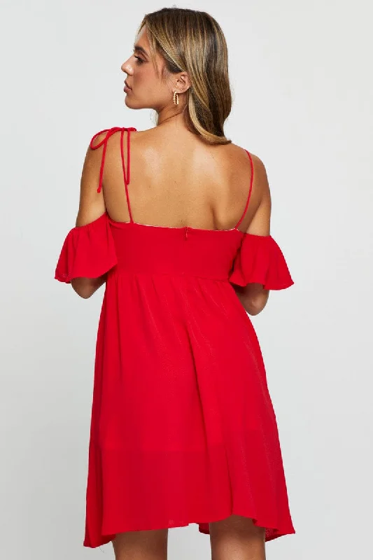 Red Mini Dress Off Shoulder Round Neck