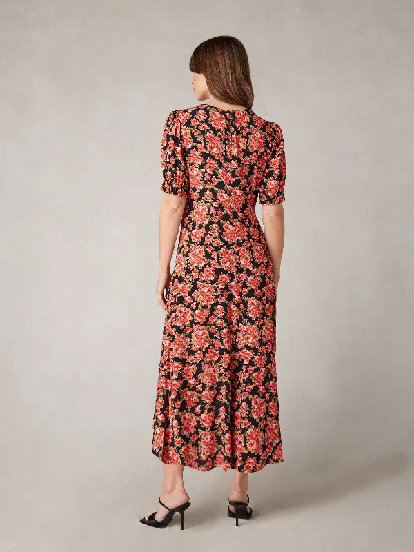 Red Rose Print Ruched Front Midi Dress