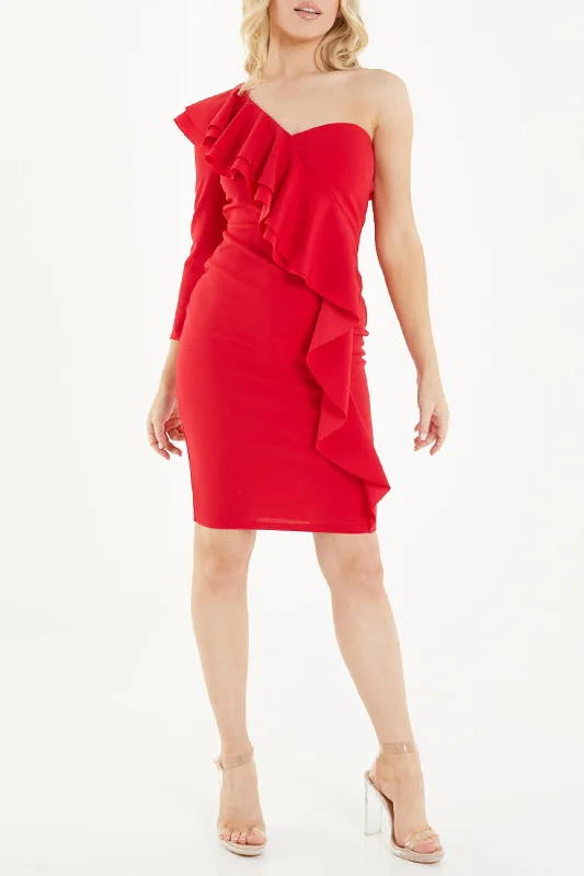 Red Scuba Crepe One Shoulder Frill Midi Dress