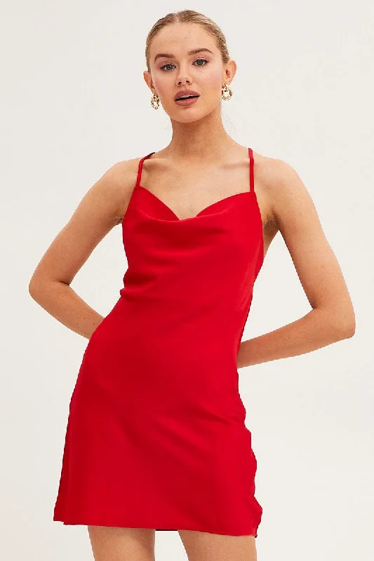 Red Slip Dress Mini Sleeveless Cowl Satin