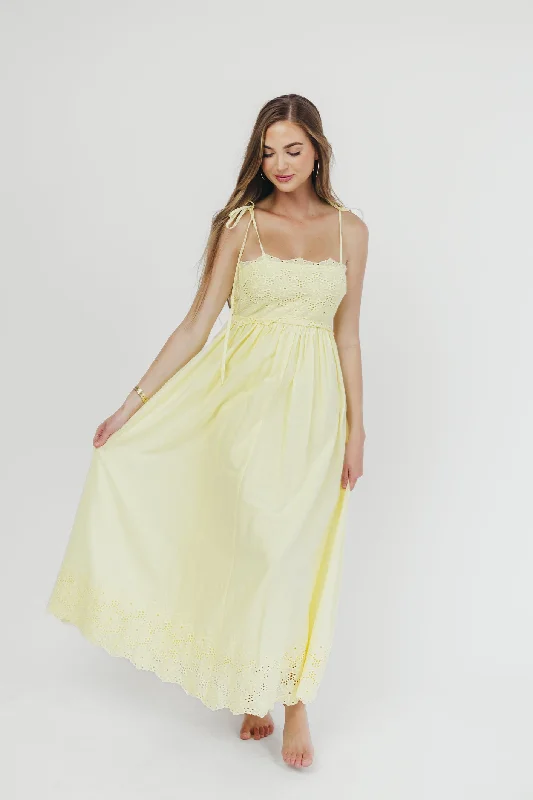 Sunny Days Scalloped Eyelet Lace Midi Dress in Yellow