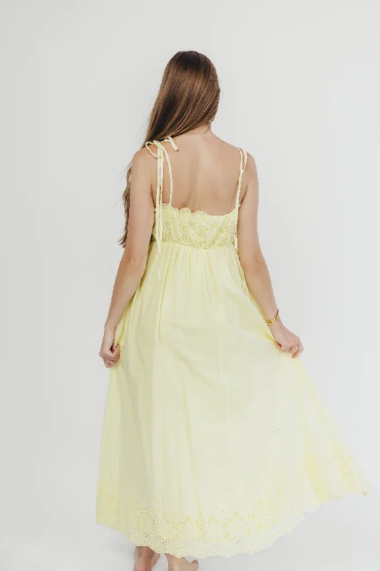 Sunny Days Scalloped Eyelet Lace Midi Dress in Yellow