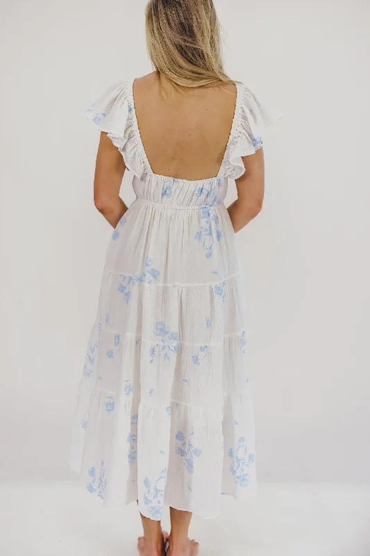 Blaire Ruffled Sleeve Midi Dress in Off-White Floral