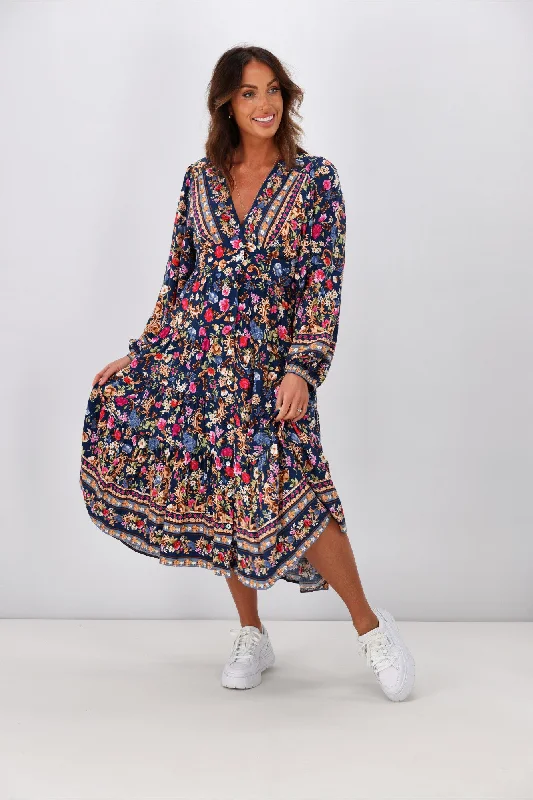 Salty Bright Juniper Floral Midi Dress Navy