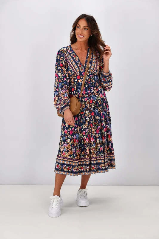 Salty Bright Juniper Floral Midi Dress Navy