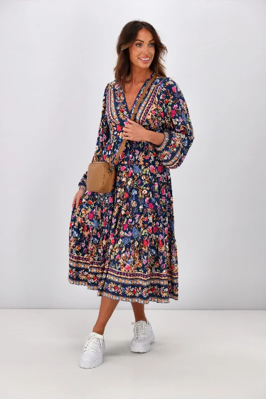 Salty Bright Juniper Floral Midi Dress Navy