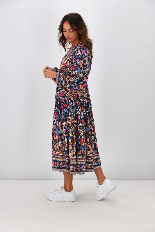 Salty Bright Juniper Floral Midi Dress Navy