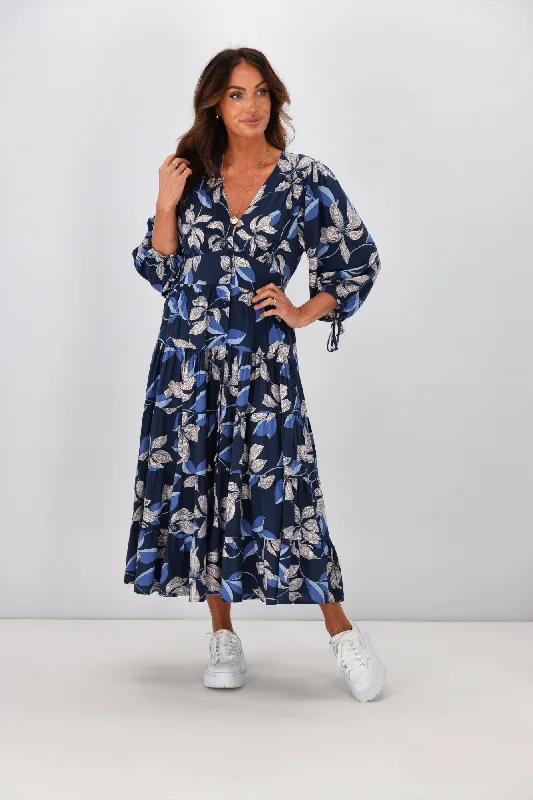 Salty Bright River Floral Midi Dress Navy