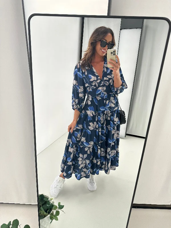 Salty Bright River Floral Midi Dress Navy