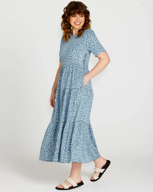 Sass Zahlia Tiered Midi Dress Denim Cheetah