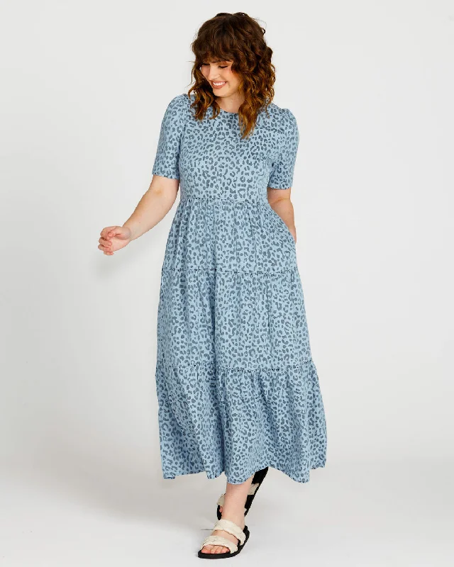 Sass Zahlia Tiered Midi Dress Denim Cheetah