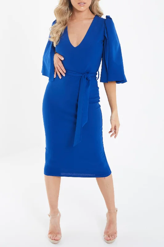 Scuba Crepe Cape Sleeve V Neck Tie Midi Dress