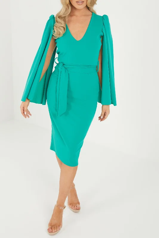 Scuba Crepe Cape Sleeve V Neck Tie Midi Dress