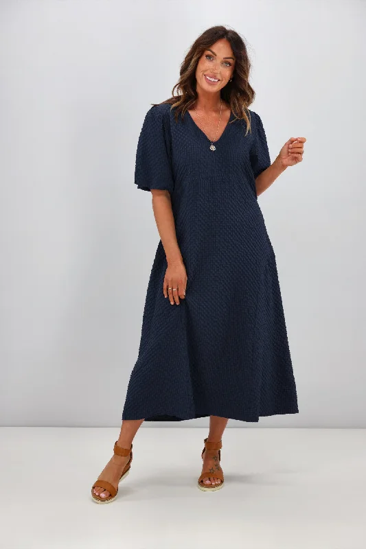 Shine On Label Adelaide Puff Sleeve Textured Midi Dress Ink