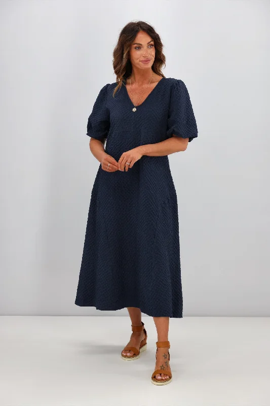 Shine On Label Adelaide Puff Sleeve Textured Midi Dress Ink