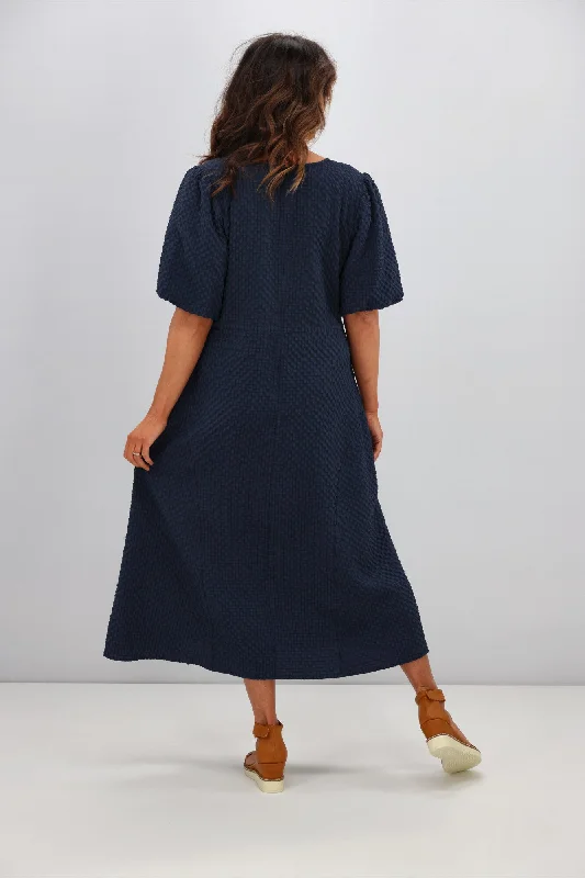 Shine On Label Adelaide Puff Sleeve Textured Midi Dress Ink