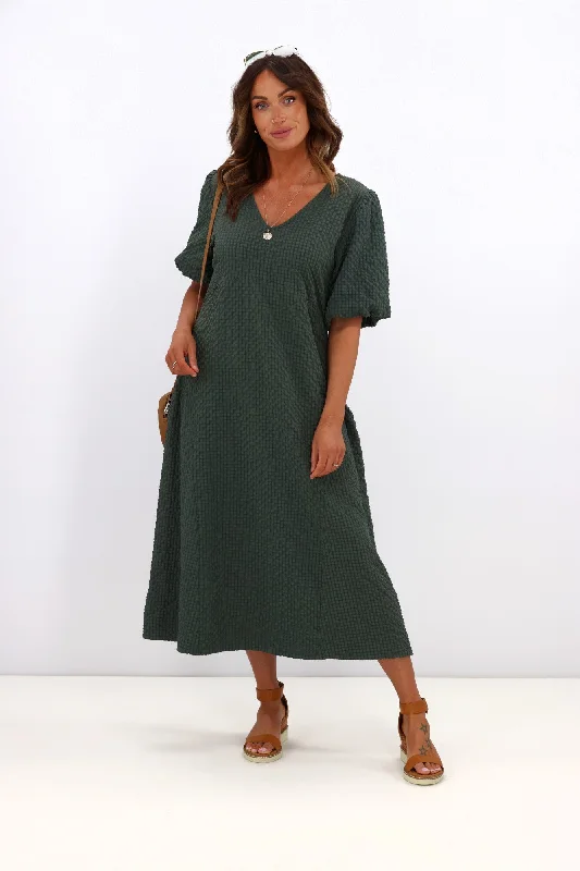 Shine On Label Adelaide Puff Sleeve Textured Midi Dress Olive