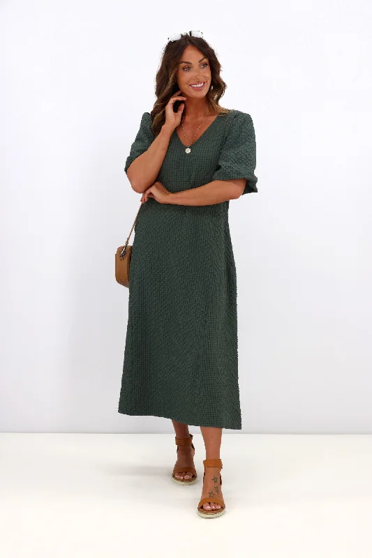 Shine On Label Adelaide Puff Sleeve Textured Midi Dress Olive