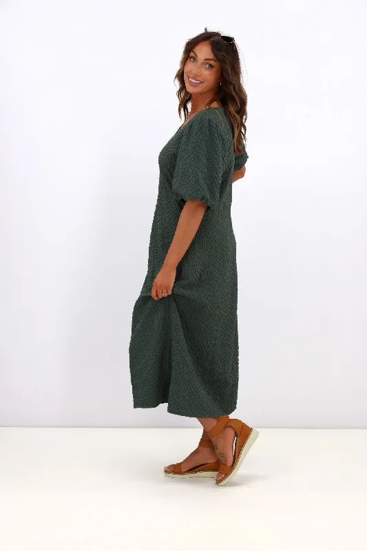 Shine On Label Adelaide Puff Sleeve Textured Midi Dress Olive