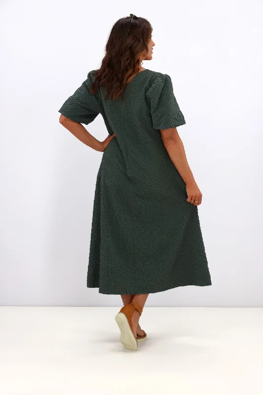 Shine On Label Adelaide Puff Sleeve Textured Midi Dress Olive