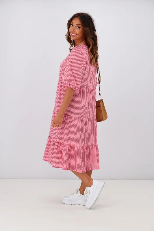 Shine On Label Dahlia Tiered Midi Dress Pink Red Stripe