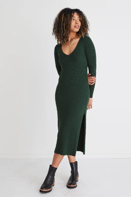 Skillful Forest Rib Knit LS V Neck Midi Dress