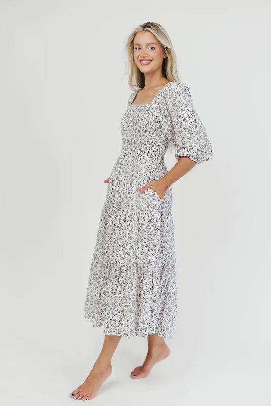 Taylor Cotton Smocked Midi Dress with Tiered Skirt in Off-White (XS-XL)