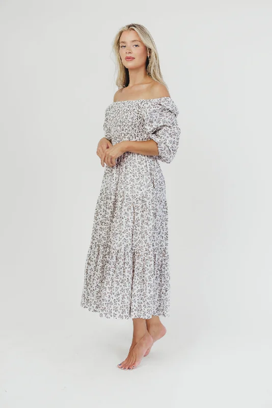 Taylor Cotton Smocked Midi Dress with Tiered Skirt in Off-White (XS-XL)